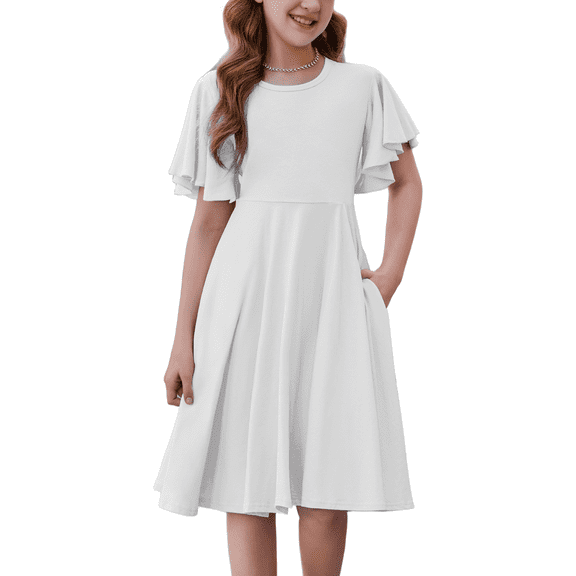Oudiya Girls Butterfly Sleeve Summer Dress A-Line Casual Swing Twirl Skater Dress with 2 Pockets for Kids, 7Y