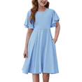thumbnail image 1 of Oudiya Girls Butterfly Sleeve Summer Dress A-Line Casual Swing Twirl Skater Dress with 2 Pockets for Kids, 13Y, 1 of 9