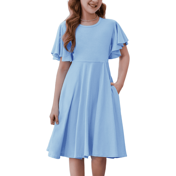 Oudiya Girls Butterfly Sleeve Summer Dress A-Line Casual Swing Twirl Skater Dress with 2 Pockets for Kids, 8-9Y