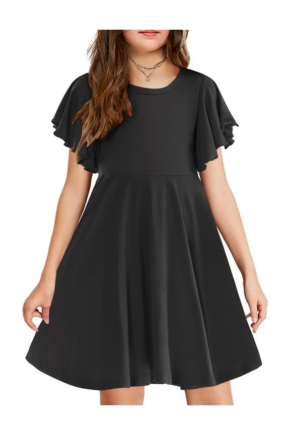 Girls Butterfly Sleeve Summer Dress A-Line Casual Swing Twirl Skater Dress with 2 Pockets for Kids, 10-11Y