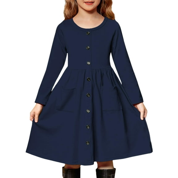 Oudiya Girls Button Down Dresses Midi Long Sleeve A-line Casual Dress with Pockets, 4-14Y