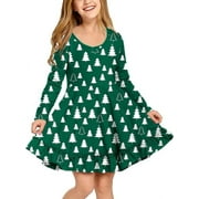 Oudiya Girls Casual Long Sleeve Christmas Floral Dress Twirly Skater Swing Dresses for Kids 4-13 Years