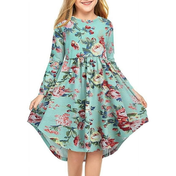 Oudiya Girls Casual Long Sleeve Floral Boho Dress Twirly Skater Swing Dresses for Kids 4-13 Years