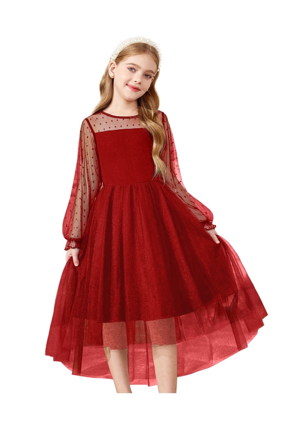 Girls Dresses Contrast Mesh Long Sleeve Twirly High Low Birthday Party Formal Dress