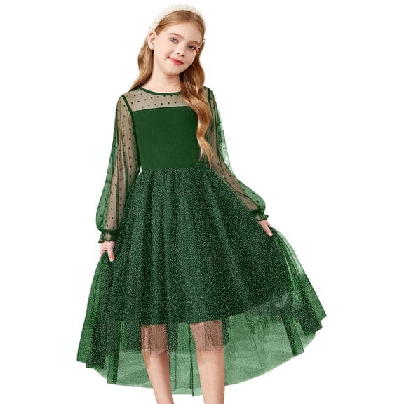 Oudiya Girls Dresses Contrast Mesh Long Sleeve Twirly High Low Birthday Party Formal Dress