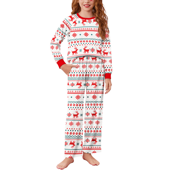 Oudiya Girls Christmas Pajamas Set Holiday Pjs for Kids Santa Long Sleeve Sleepwear, 4-13Y
