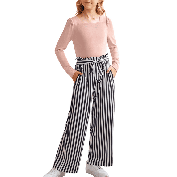 Oudiya Girls Clothing Sets Square Neck Rib Knit Shirts and Stylish Wide Leg Pants and Headband Cute 3 piece Spring Clothes Outfits for Kids 4-12Y