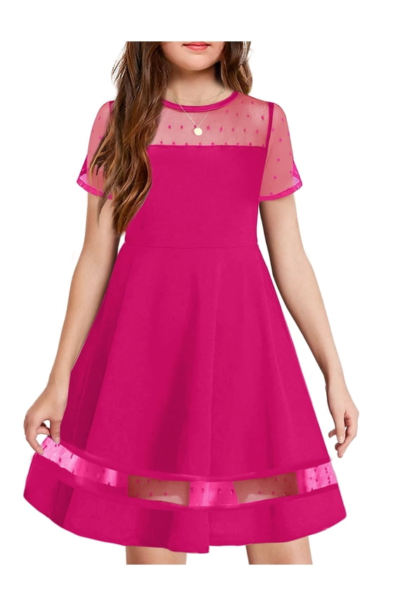 Girls Contrast Mesh Short Sleeve A Line Party Dresses Hot Pink Formal Dress with Pockets for Tween 5-12Y