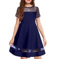 thumbnail image 1 of Oudiya Girls Contrast Mesh Short Sleeve A Line Party Dresses Navy Blue Formal Dress with Pockets for Tween 5-12Y, 1 of 7
