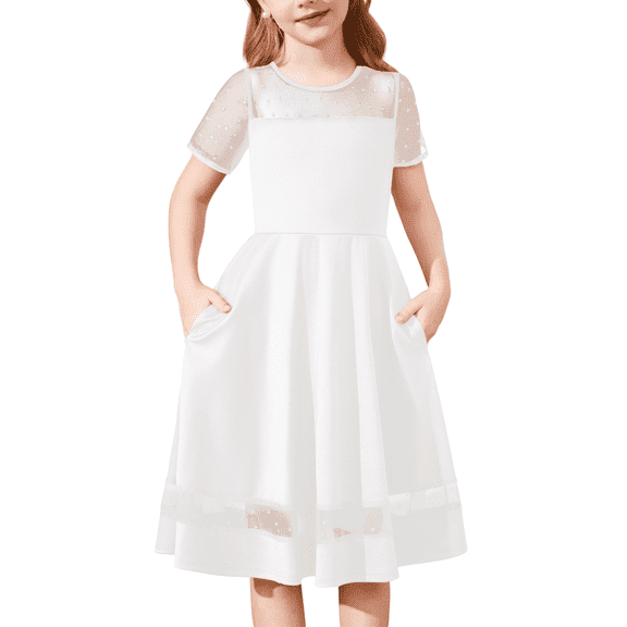Oudiya Girls Contrast Mesh Short Sleeve A Line Party Dresses White Formal Dress with Pockets for Tween 5-12Y