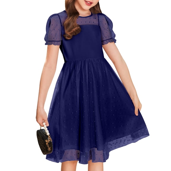 Oudiya Girls Contrast Mesh Short Sleeve Dress Puffy Casual A Line Party Dress for Kids 3-12Y