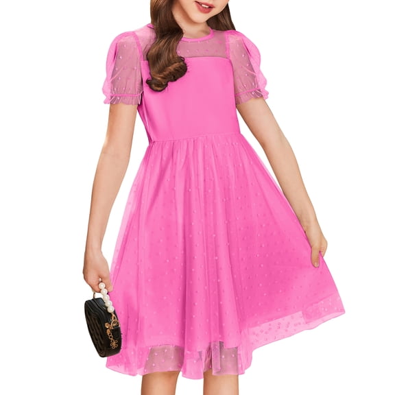 Oudiya Girls Contrast Mesh Short Sleeve Dress Puffy Casual A Line Party Dress for Kids 3-12Y