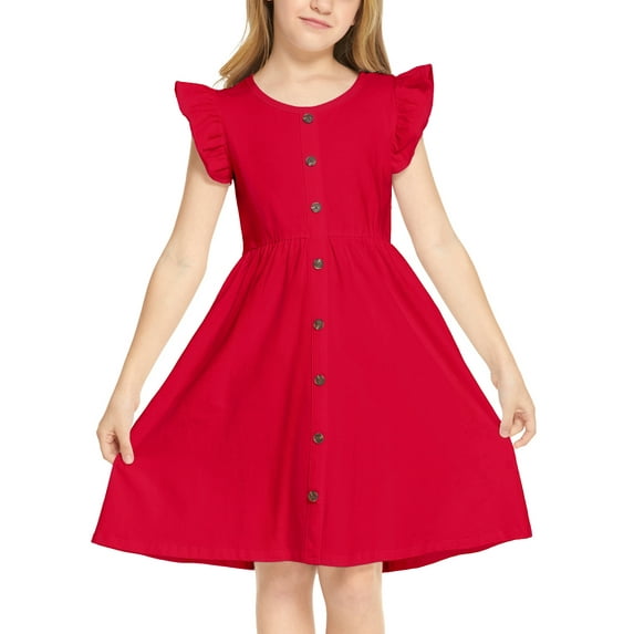 Oudiya Girls Summer Sundress Flutter Sleeve A-Line Button Down Casual Midi Girls Dresses,Red,7-8Y