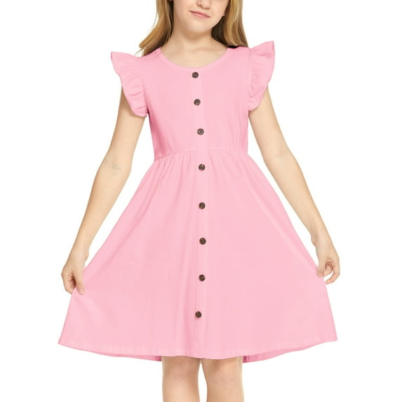 Oudiya Girls Summer Sundress Flutter Sleeve A-Line Button Down Casual Midi Girls Dresses,Pink,13-14Y