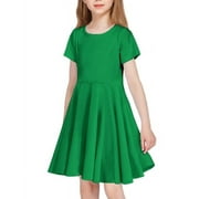 Oudiya Girls Dress Short Sleeve Solid Summer A Line Swing Twirl Skater Casual Dresses Green for Kids 9-10Y