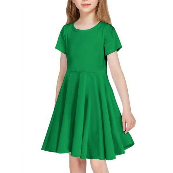 Oudiya Girls Dress Short Sleeve Solid Summer A Line Swing Twirl Skater Casual Dresses Green for Kids 9-10Y