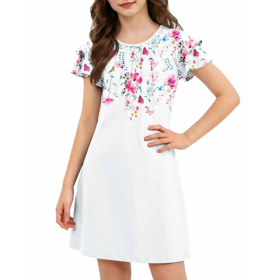 Oudiya Girls Dresses for Summer Flutter Sleeve Pleated Front A Line Boho Beach Tween Casual Party Dresses, 6-14Y