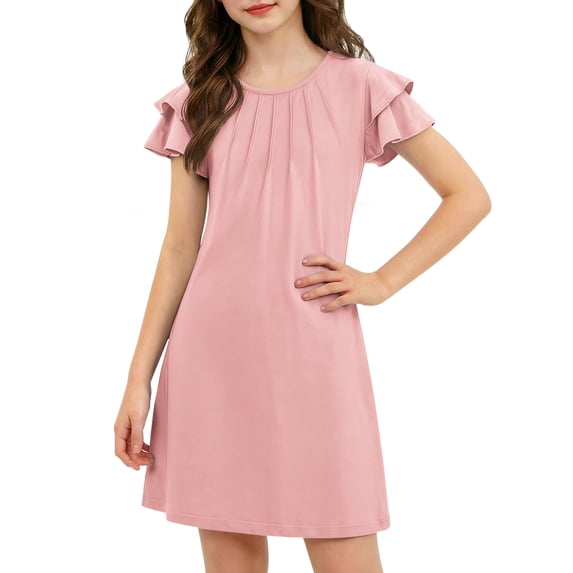 Oudiya Girls Dresses for Summer Flutter Sleeve Pleated Front A Line Boho Beach Tween Casual Party Pink Dresses, 6-14Y