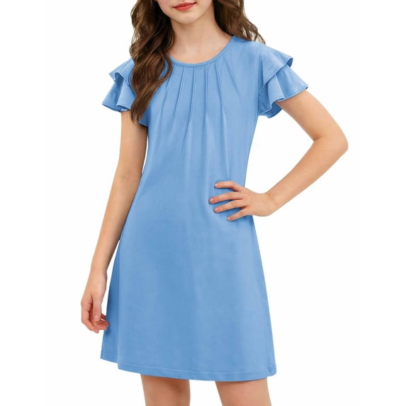 Oudiya Girls Dresses for Summer Flutter Sleeve Pleated Front A Line Boho Beach Tween Light Blue Casual Party Dresses, 6-14Y