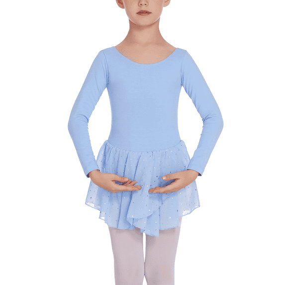Oudiya Girls Long Sleeve Ballet Leotard Dance Dress Outfit with Shiny Skirt for Kids 3-11Y