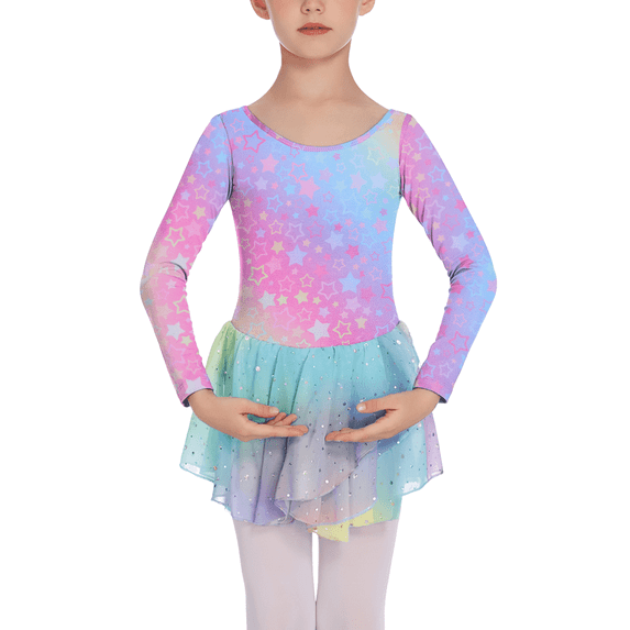 Oudiya Girls Long Sleeve Ballet Leotard Dance Dress Outfit with Shiny Skirt for Kids 3-11Y