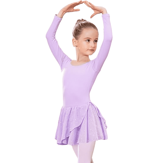 Oudiya Girls Long Sleeve Ballet Leotard Dance Dress Outfit with Shiny Skirt for Kids 3-11Y