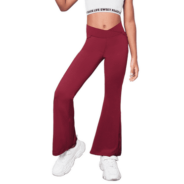 Oudiya Girls Flare Leggings High Waisted Casual V Crossover Pants Yoga Bell Bottoms with Pockets for Kids 5-14Y