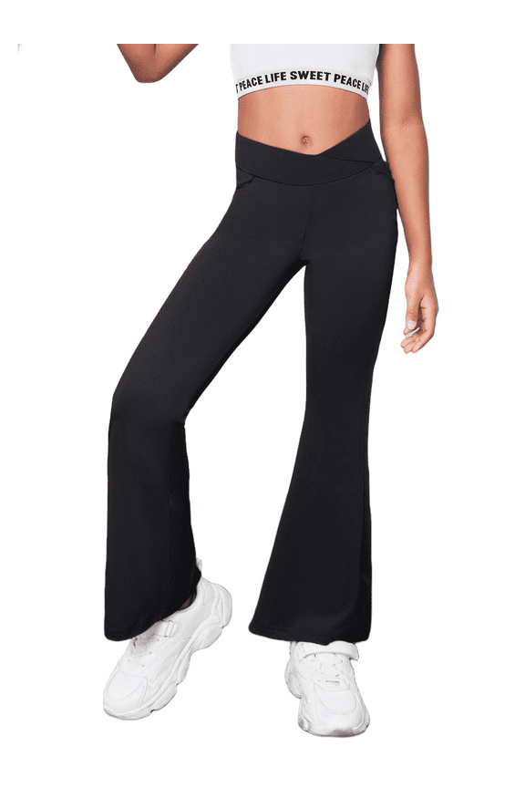 Girls Flare Leggings High Waisted Casual V Crossover Pants Yoga Bell Bottoms with Pockets for Kids 5-14Y
