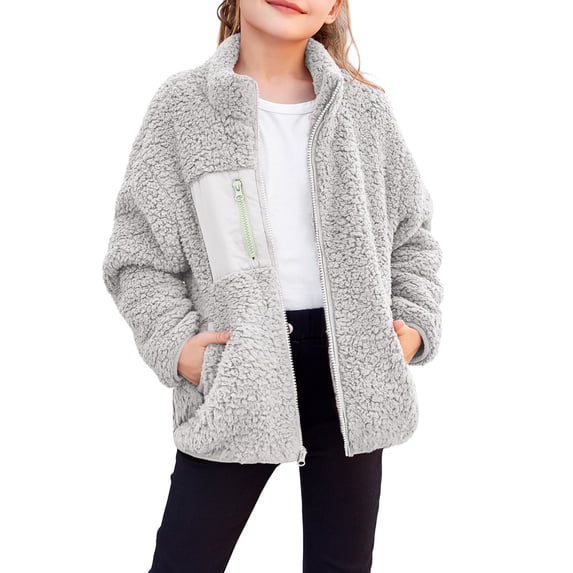 Oudiya Girls Fleece Jacket Sherpa Fall Winter Full Zip Fuzzy Coat Outwear with Pockets for Kids 5-13Y