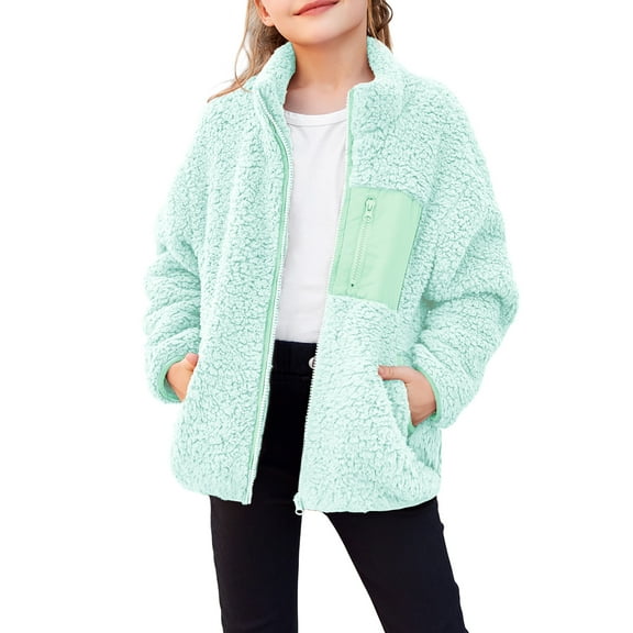 Oudiya Girls Fleece Jacket Sherpa Fall Winter Full Zip Fuzzy Coat Outwear with Pockets for Kids 5-13Y