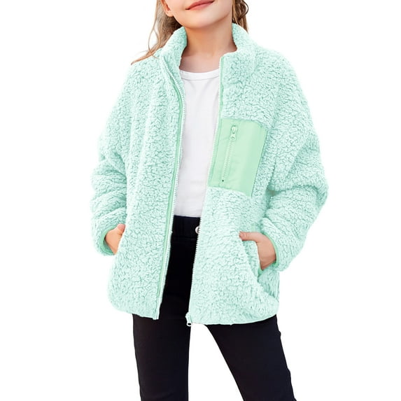 Oudiya Girls Fleece Jacket Sherpa Fall Winter Full Zip Fuzzy Coat Outwear with Pockets for Kids 5-13Y