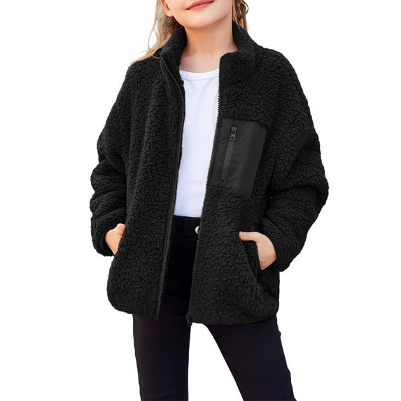 Oudiya Girls Fleece Jacket Sherpa Fall Winter Full Zip Fuzzy Coat Outwear with Pockets for Kids 5-13Y