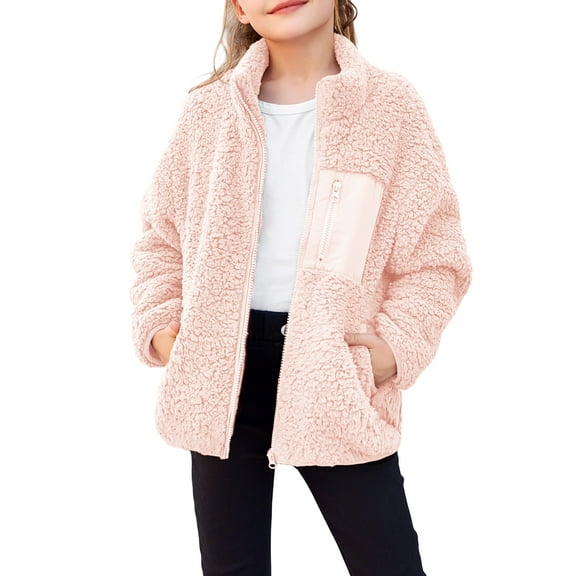 Oudiya Girls Fleece Jacket Sherpa Fall Winter Full Zip Fuzzy Coat Outwear with Pockets for Kids 5-13Y