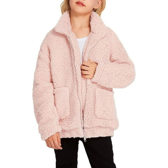 Oudiya Girls Fleece Jacket Spring Sherpa Outwear Full Zip Coat with Pockets for kids 5-14 Years