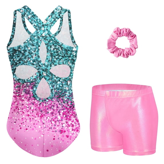 Oudiya Girls Gymnastics Leotards Sleeveless Hollow Back Dance Unitards Sparkly Shorts Combo for 3-11Y