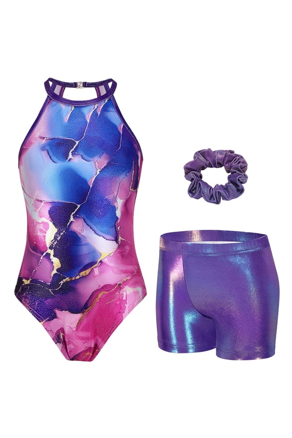 Girls Gymnastics Leotards Sparkly Sleeveless Clasp Back Dance Leotard Unitards with Tumbling Shorts and Scrunchie