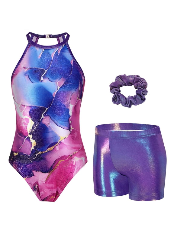 Girls Gymnastics Leotards Sparkly Sleeveless Clasp Back Dance Leotard Unitards with Tumbling Shorts and Scrunchie