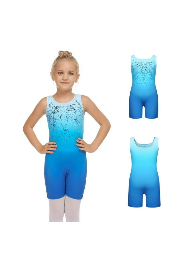 Girls' Gymnastics Leotards With Shorts Sparkly Biketards Sleeveless Cute Ballet Dancewear Blue for 4-5Y