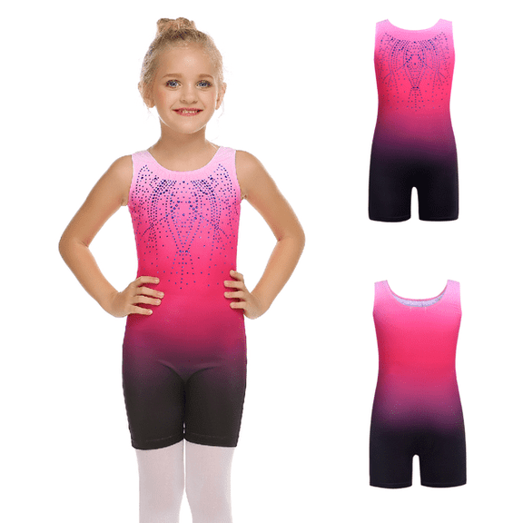 Oudiya Girls' Gymnastics Leotards With Shorts Sparkly Biketards Sleeveless Cute Ballet Dancewear Rose Red for 7-8Y