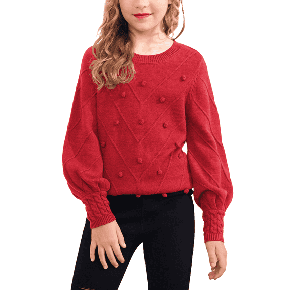 Oudiya Girls Lantern Sleeve Crew Neck Sweater Cute Pullover Top Jumper Outwear for Kids 5-13 Years