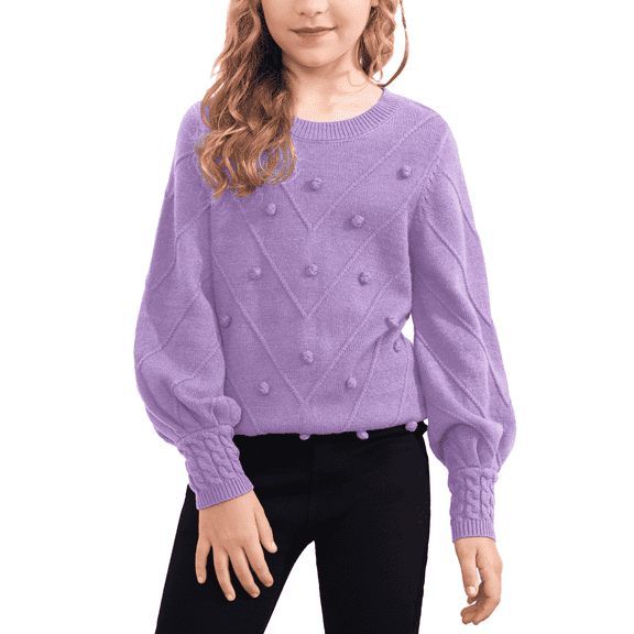 Oudiya Girls Lantern Sleeve Crew Neck Sweater Cute Pullover Top Jumper Outwear for Kids 5-13 Years