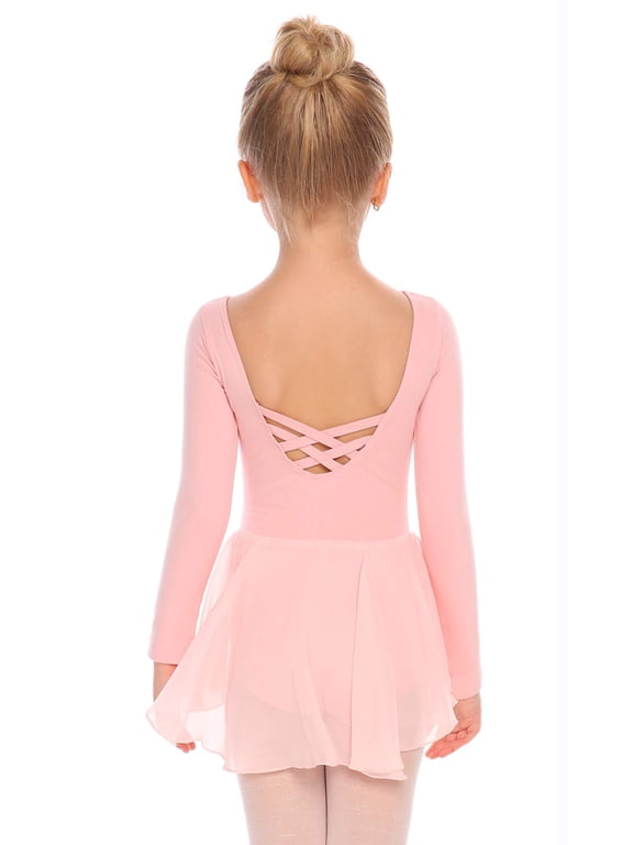 Girls Long Sleeve Ballet Leotard Criss-Cross Back Hi-low Skirted Toddler Dance Dress, 2-9Y