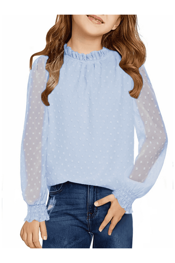 Girls Long Sleeve Blue Shirts Chiffon Swiss Dot Blouses Frill Neck Top Casual Loose Cute Tee for Kids 6-13Y