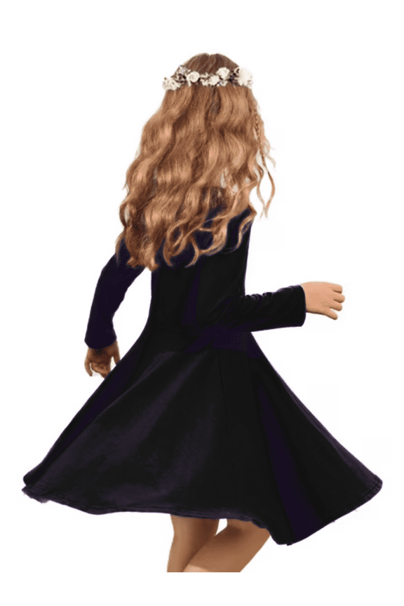 Girls Long Sleeve Dress A-line Twirly Skater Casual Solid Loose Dress Black for Kids 5-6Y