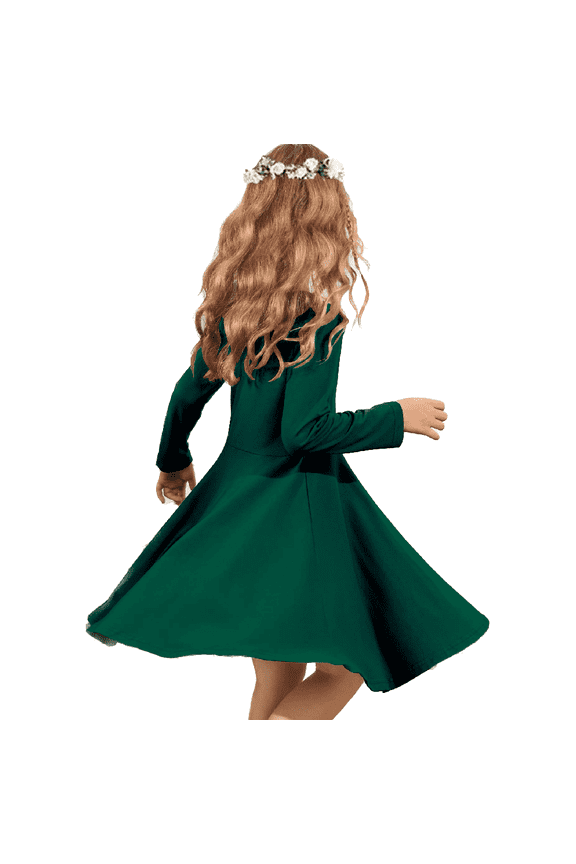 Girls Long Sleeve Dress A-line Twirly Skater Casual Solid Loose Dress Green for Kids 13-14Y