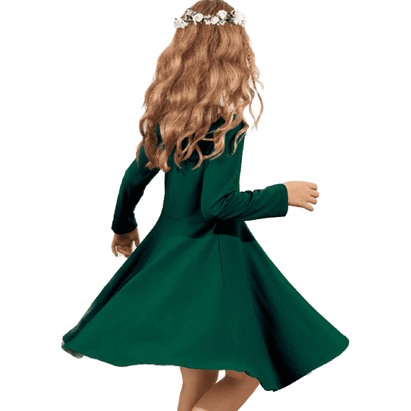 Oudiya Girls Long Sleeve Dress A-line Twirly Skater Casual Solid Loose Dress Green for Kids 5-6Y