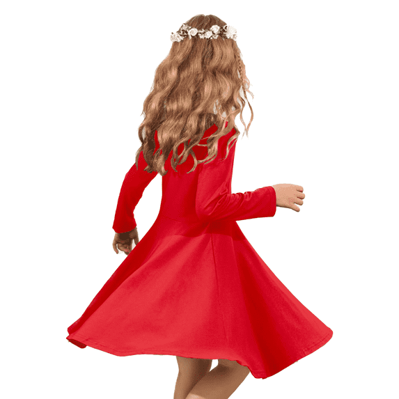 Oudiya Girls Long Sleeve Dress A-line Twirly Skater Casual Solid Loose Dress Red for Kids 13-14Y