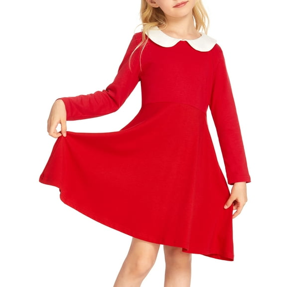 Oudiya Girls Long Sleeve Dress Casual Vintage Peter Pan Collar Swing Party Dress, 5-14 Years