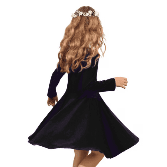 Oudiya Girls Long Sleeve Dress Kid Casual A-Line Twirly Skater Dress Solid Loose Swing Soft Cotton Black for 3-4Y