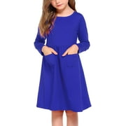Oudiya Girls Long Sleeve Dress Solid Color Casual Skater Fall Dress with Pocket for Toddler Girls, 4-13 Years